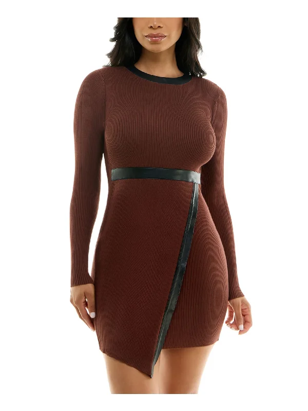 Today Only BCX DRESS Womens Brown Knit Ribbed Keyhole Back Faux-wrap Skirt Long Sleeve Round Neck Short Party Body Con Dress