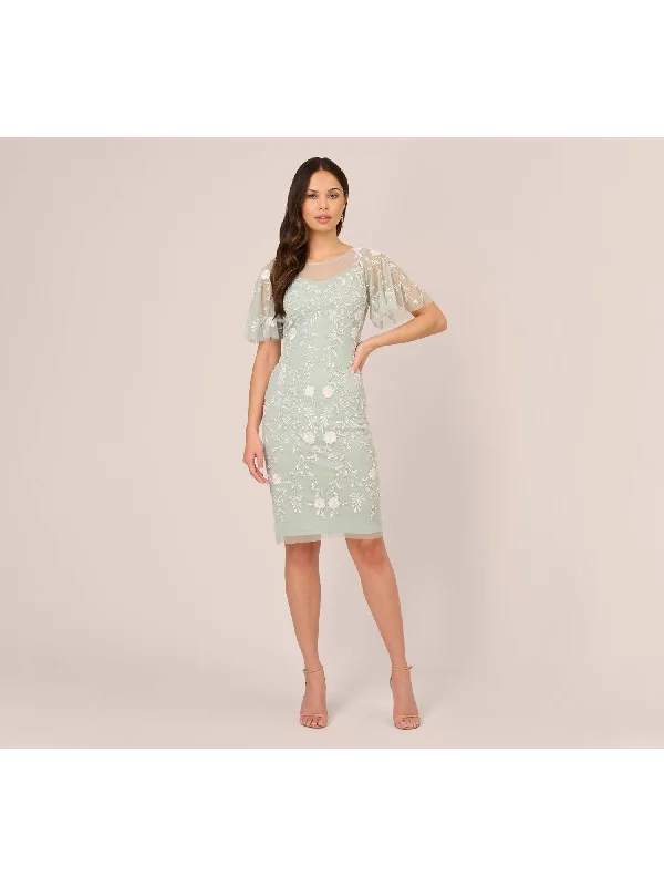 Bargain Blast ADRIANNA PAPELL Womens Green Embroidered Zippered Illusion Lined Sheer Floral Flutter Sleeve Boat Neck Knee Length Cocktail Sheath Dress