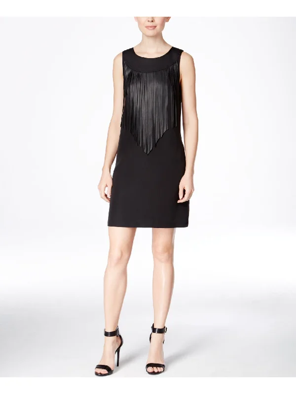 Steals and Deals KENSIE Womens Black Fringed Sleeveless Scoop Neck Below The Knee Shift Dress