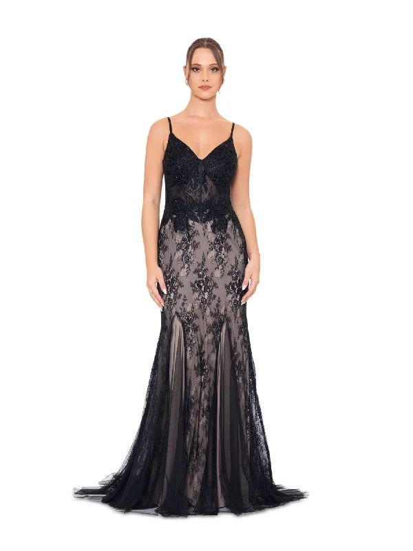 Special Discount BLONDIE NITES Womens Black Zippered Sheer Lined Floral Sleeveless V Neck Full-Length Formal Gown Dress