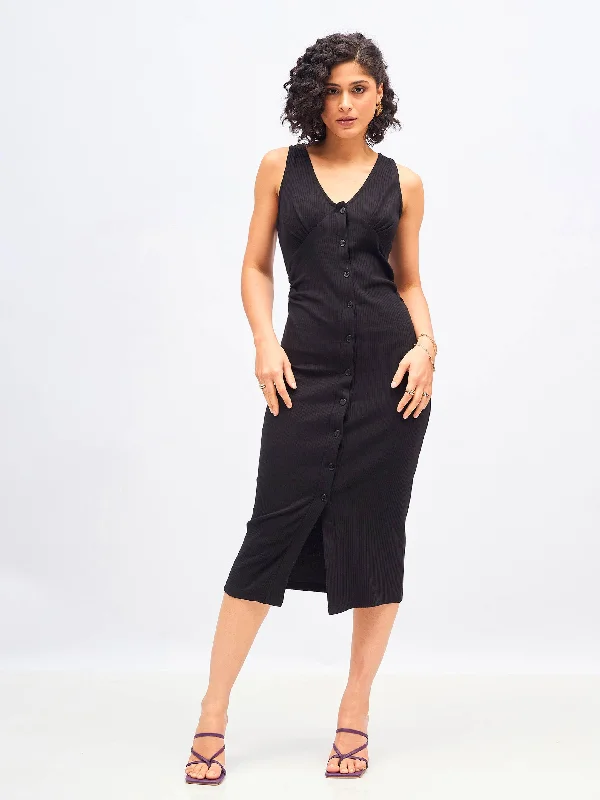 Amazing Deals Women Black Rib Front Button Bodycon Midi Dress