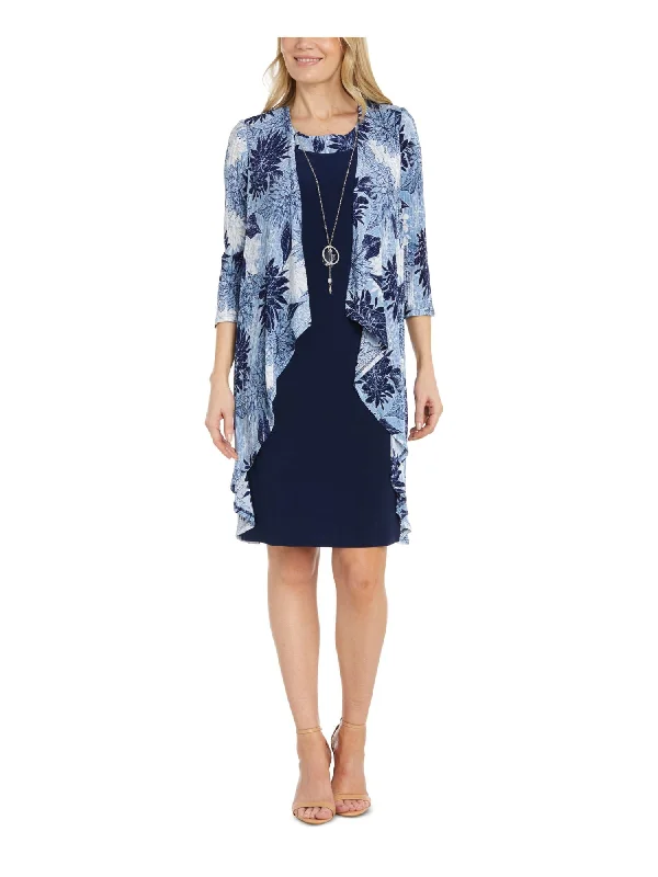 Price Buster R&M RICHARDS Womens Navy Textured Unlined Necklace Floral 3/4 Sleeve Open Front Above The Knee Wear To Work Shift Dress