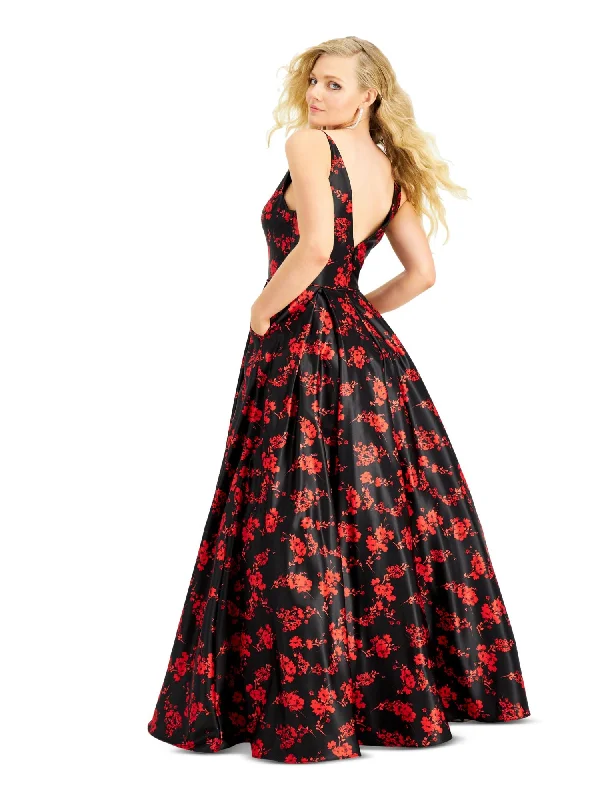 Exclusive Offers BLONDIE NITES Womens Red Zippered Floral Sleeveless V Neck Full-Length Prom Fit + Flare Dress