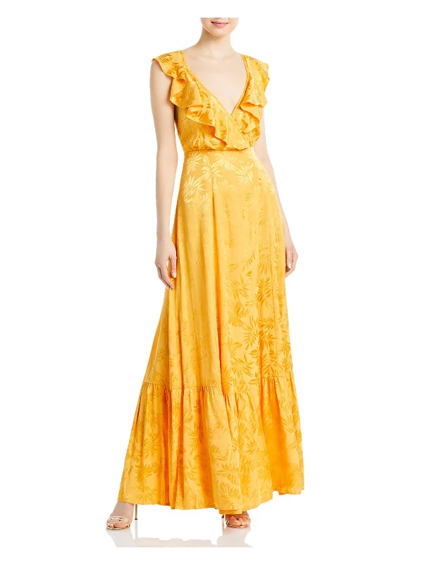 Steals and Deals SABINA MUSAYEV Womens Gold Ruffled Pleated Adjustable Straps Zippered Elast Printed Sleeveless Surplice Neckline Full-Length Evening Shift Dress