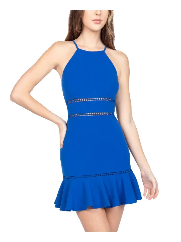 Great Bargains B DARLIN Womens Blue Stretch Zippered Ruffled Lace Trim At Waist Sleeveless Halter Mini Evening Sheath Dress