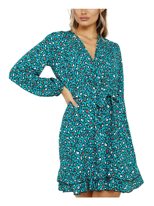 Special Buy QUIZ Womens Turquoise Tie Ruffled Pullover Styling Animal Print Long Sleeve Surplice Neckline Mini Party Fit + Flare Dress