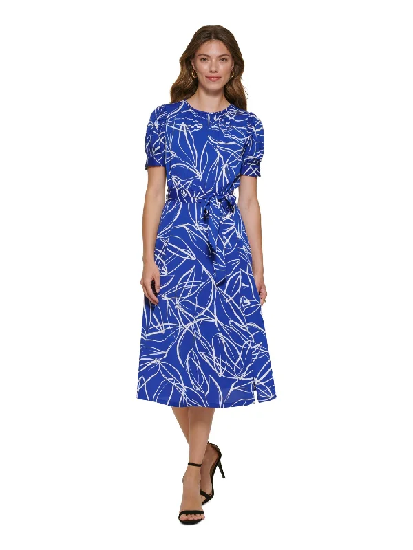 Reduced Prices DKNY Womens Blue Zippered Slitted Keyhole Back Self-tie Belt Printed Pouf Sleeve Round Neck Midi Wear To Work Fit + Flare Dress