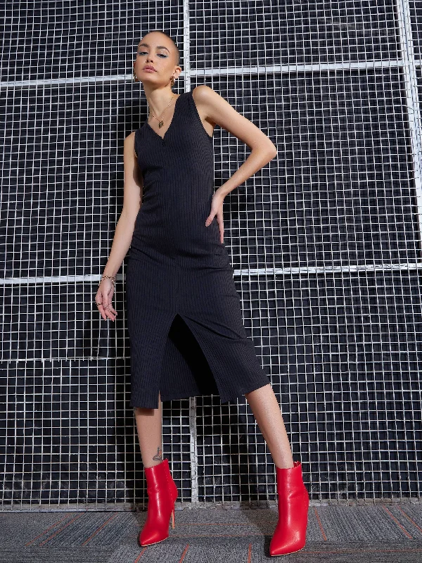 Limited Edition Women Black Rib Front Zipper Bodycon Midi Dress