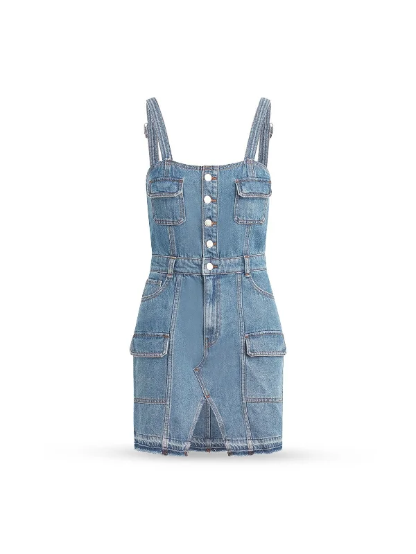 Extra Discounts HUDSON Womens Blue Zippered Pocketed Button-up Asymmetric Seam Slit Sleeveless Square Neck Above The Knee Sheath Dress Extra Discounts HUDSON Womens Blue Zippered Pocketed Button-up Asymmetric Seam Slit Sleeveless Square Neck Above The Knee Sheath Dress