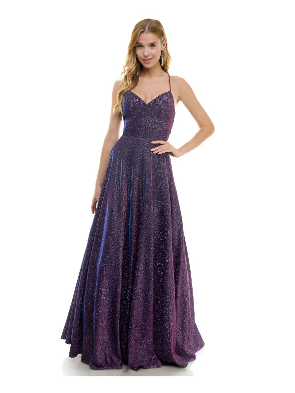 Holiday Sale CITY STUDIO Womens Purple Zippered Lined Lace Up Glitter Padded Ombre Spaghetti Strap V Neck Full-Length Formal Gown Dress