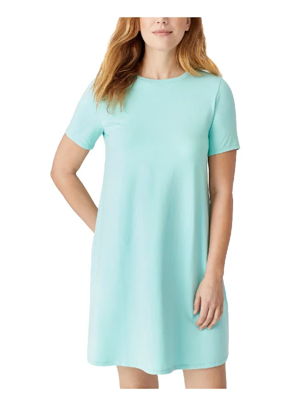 Sale Event EILEEN FISHER Womens Aqua Stretch Short Sleeve Crew Neck Short Shift Dress