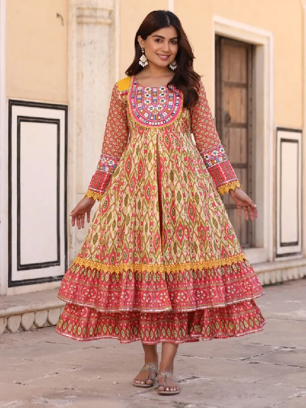 Unmissable Offer Women Ikat Printed & Embroidered Green Cotton Voile Layered Maxi Dress