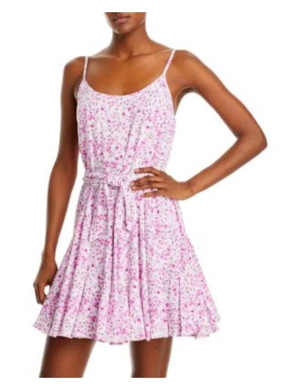 Members Only AQUA Womens Purple Adjustable Lined Self-tie Belt Spaghetti Strap Scoop Neck Mini Fit + Flare Dress