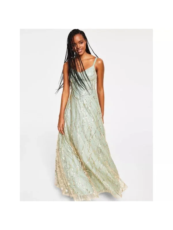 Limited Availability SAY YES TO THE PROM Womens Green Sequined Zippered Glitter Lined Mesh Padded Strap Sleeveless V Neck Full-Length Formal Gown Dress