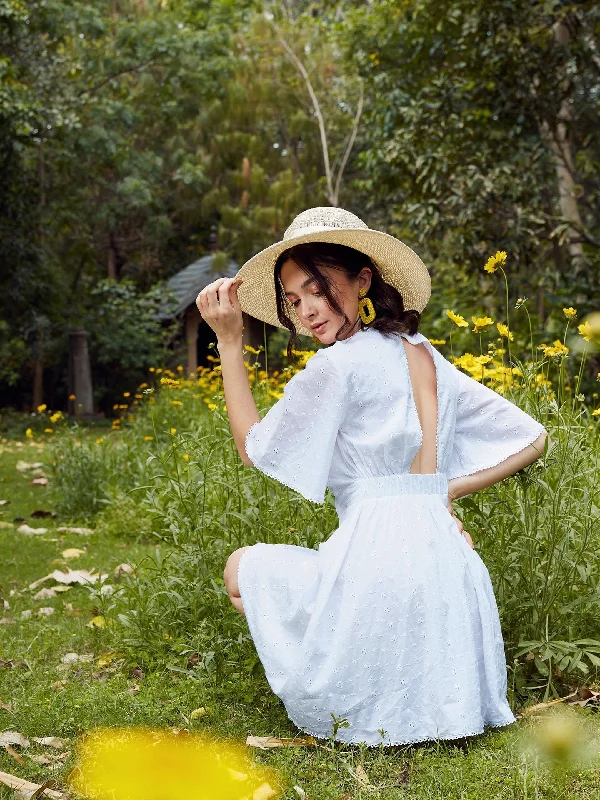 Savings Event Women White Schiffli Flared Sleeves Short Dress