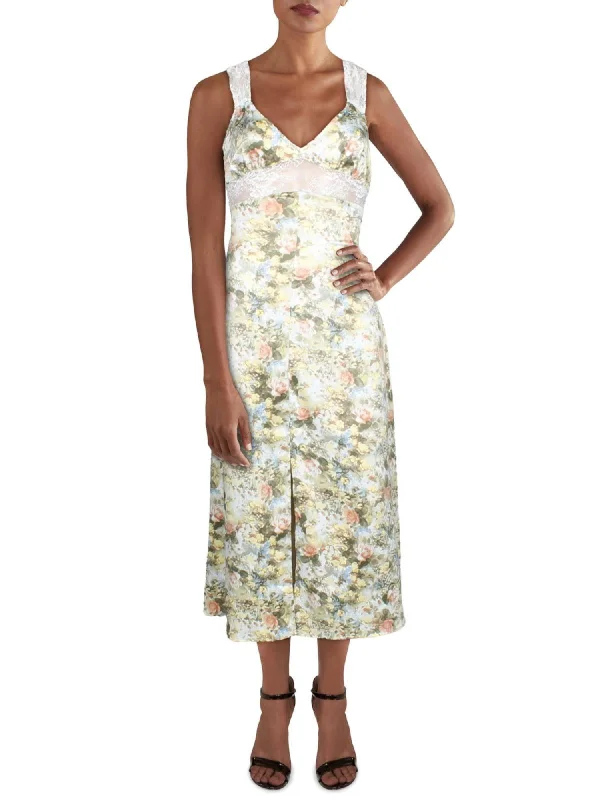 Savings Galore DANIELLE BERNSTEIN Womens Green Sheer Slitted Sleeveless V Neck Full-Length Fit + Flare Dress