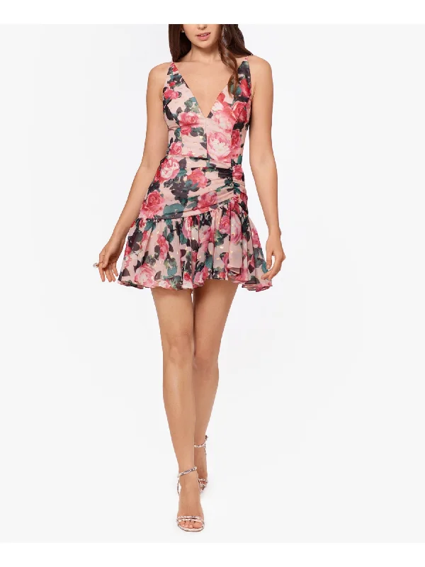 Buy Now BLONDIE Womens Pink Ruffled Zippered Chiffon Floral Sleeveless V Neck Mini Party Fit + Flare Dress