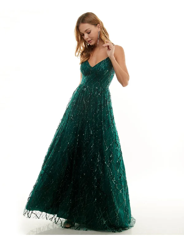 Overstock SAY YES TO THE PROM Womens Green Embellished Zippered Lace-up Back Lined Spaghetti Strap V Neck Full-Length Prom Fit + Flare Dress