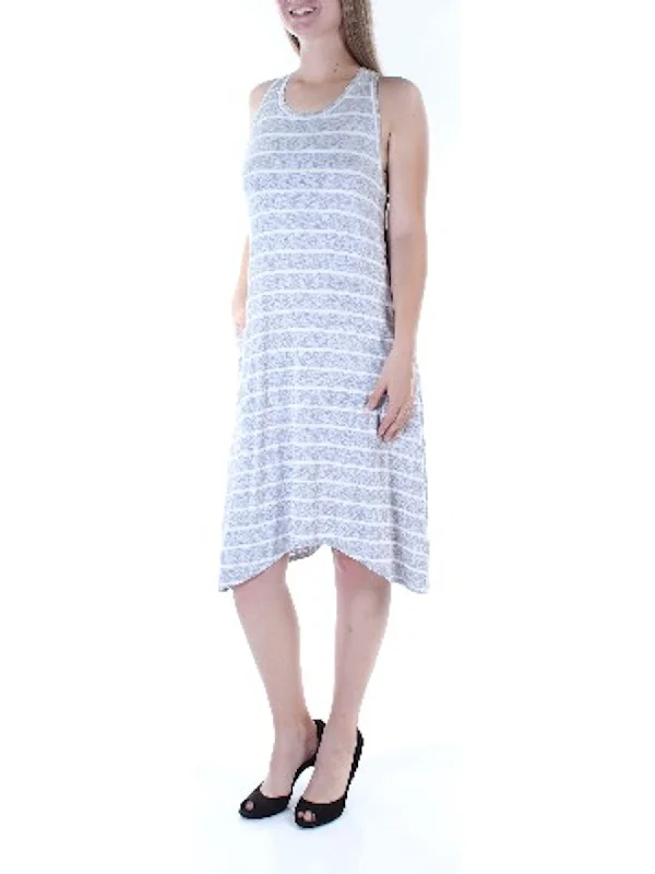 Price Smash RACHEL ROY Womens Gray Pocketed Striped Sleeveless Jewel Neck Below The Knee Shift Dress