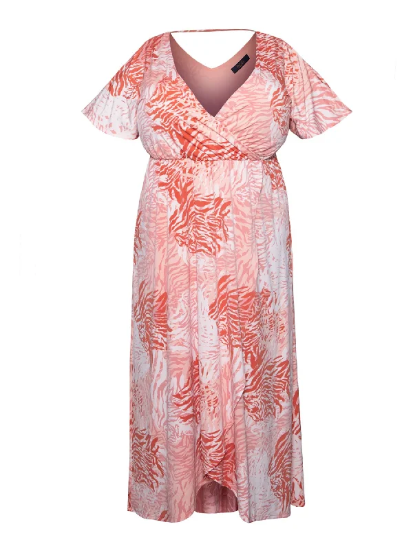 Fantastic Offers RACHEL RACHEL ROY Womens Orange Stretch Printed Flutter Sleeve Surplice Neckline Midi Wear To Work Faux Wrap Dress