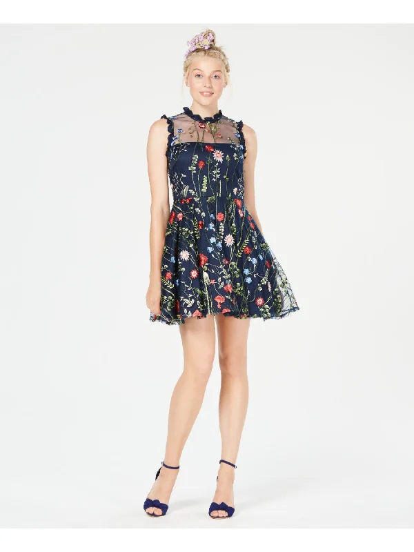 Year-End Sale CITY STUDIO Womens Black Floral Sleeveless Illusion Neckline Short Evening Fit + Flare Dress