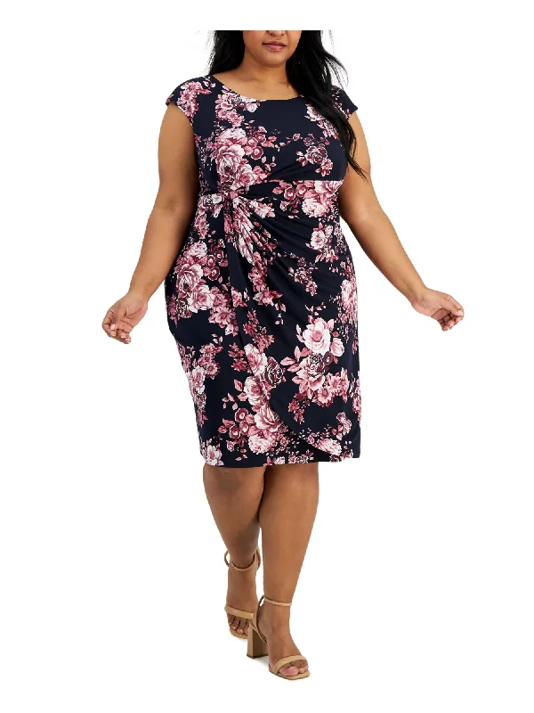 Lowest Price CONNECTED APPAREL Womens Navy Floral Cap Sleeve Round Neck Knee Length Wear To Work Sheath Dress