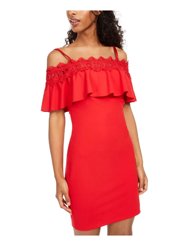Seasonal Clearance BCX DRESS Womens Red Lace Spaghetti Strap Off Shoulder Knee Length Evening Body Con Dress