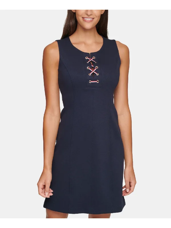 Don't Miss TOMMY HILFIGER Womens Navy Sleeveless Crew Neck Wear To Work Sheath Dress