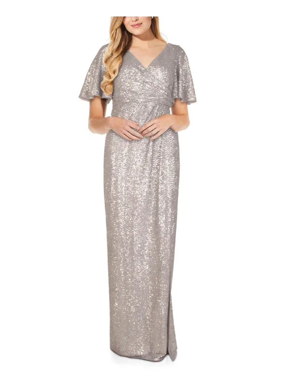 Special Price ADRIANNA PAPELL Womens Silver Sequined Zippered Pleated Slitted Draped Short Sleeve Surplice Neckline Full-Length Evening Gown Dress