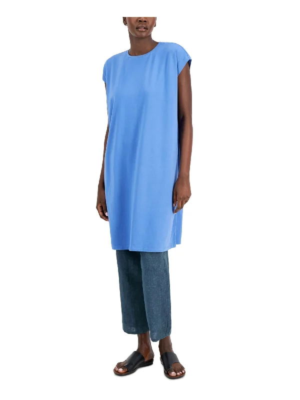 Midnight Madness EILEEN FISHER Womens Blue Stretch Cap Sleeve Crew Neck Above The Knee Shift Dress