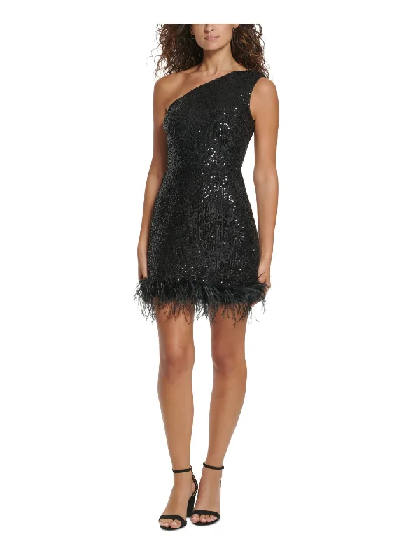 Clearance Items ELIZA J Womens Black Zippered Lined Feather Trim Sleeveless Asymmetrical Neckline Mini Cocktail Sheath Dress