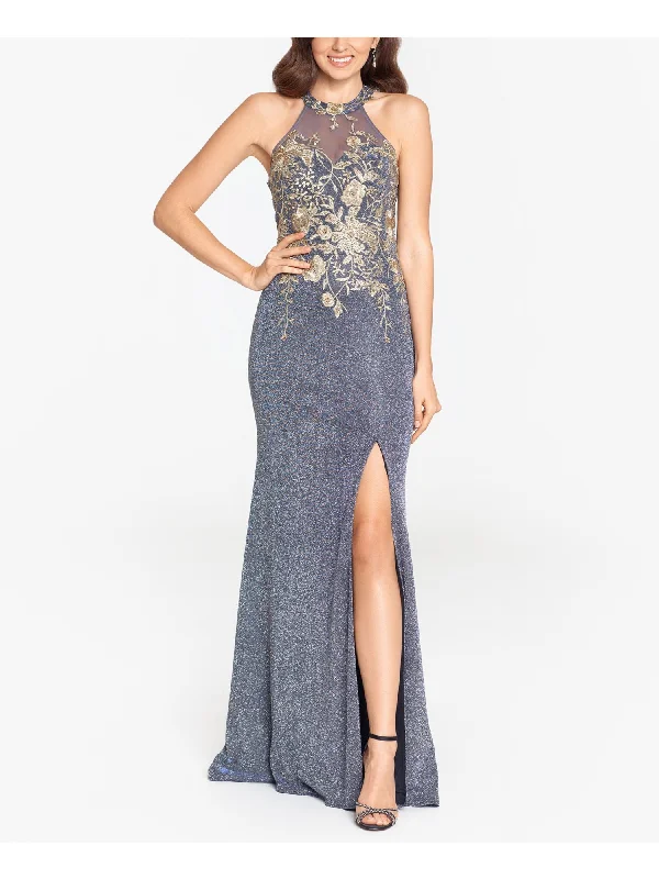 Steals and Deals BETSY & ADAM Womens Gray Embellished Zippered Leg Slit Sleeveless Halter Full-Length Formal Gown Dress