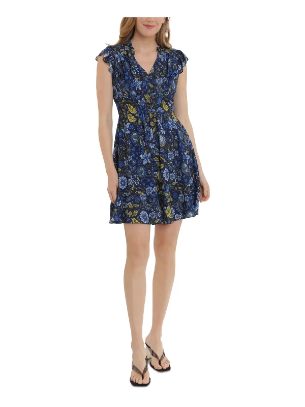 Overstock Sale LONDON TIMES PETITES Womens Navy Zippered Ruffled Smocked Floral Sleeveless V Neck Short Evening Fit + Flare Dress