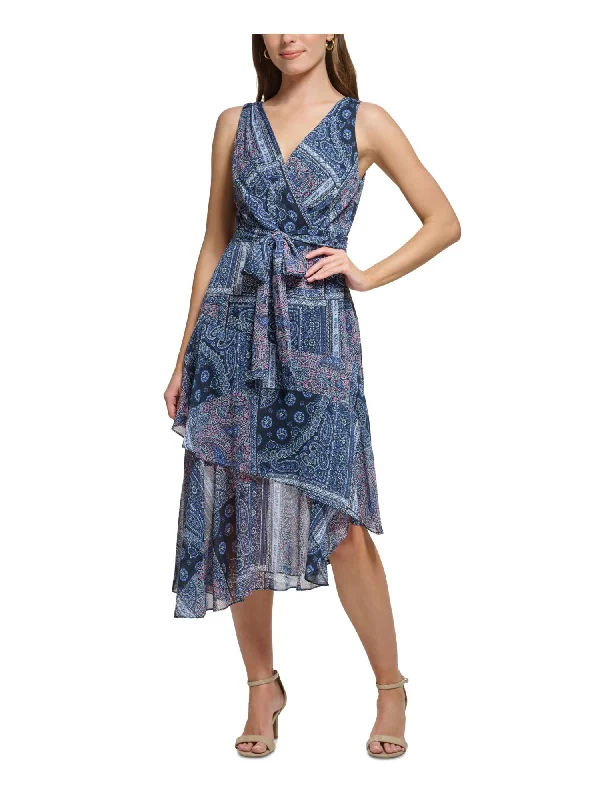 Season Finale Sale TOMMY HILFIGER Womens Navy Zippered Lined Tie Belt Asymmetrical Hem Sleeveless Surplice Neckline Midi Party Shift Dress