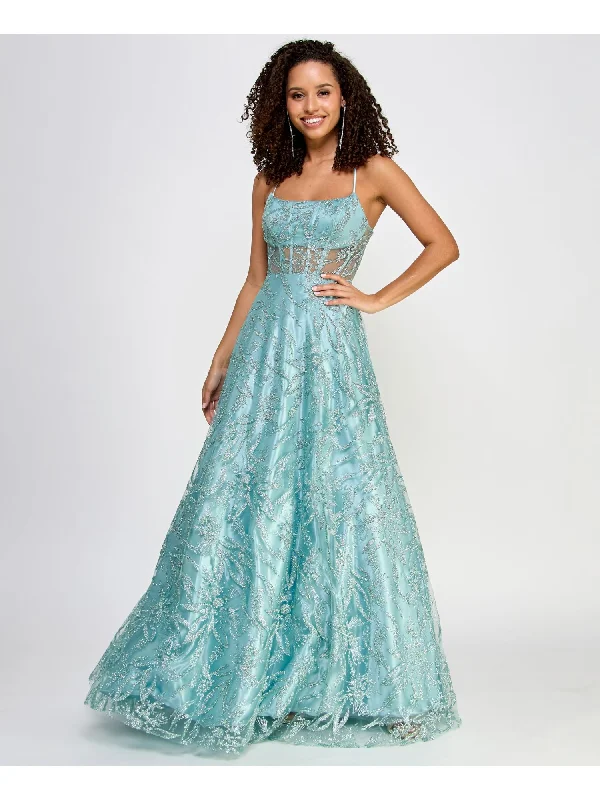 New Arrival SAY YES TO THE PROM Womens Teal Zippered Pocketed Sheer Boned Bodice Lined Spaghetti Strap Scoop Neck Full-Length Prom Gown Dress