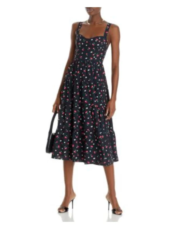 Exclusive Online Offer AQUA Womens Navy Lined Smocked Back Tiered Skirt Printed Sleeveless Sweetheart Neckline Midi Fit + Flare Dress