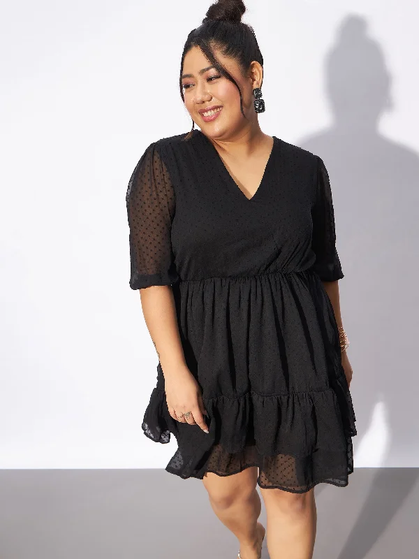 Limited Time Women Black Dobby Frill Hem Skater Dress