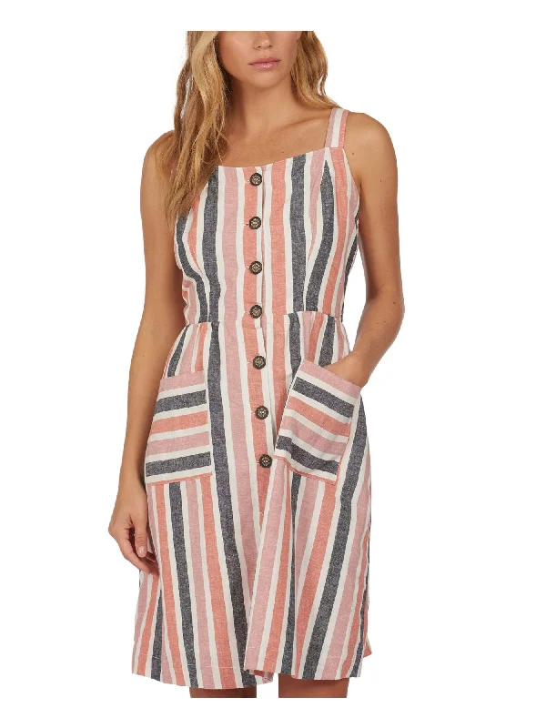 Great Deals BARBOUR Womens White Smocked Pocketed Buttoned Striped Sleeveless Square Neck Above The Knee Fit + Flare Dress