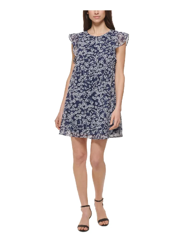 Year-End Clearance JESSICA HOWARD Womens Navy Pleated Lined Back Keyhole Floral Flutter Sleeve Round Neck Short Shift Dress