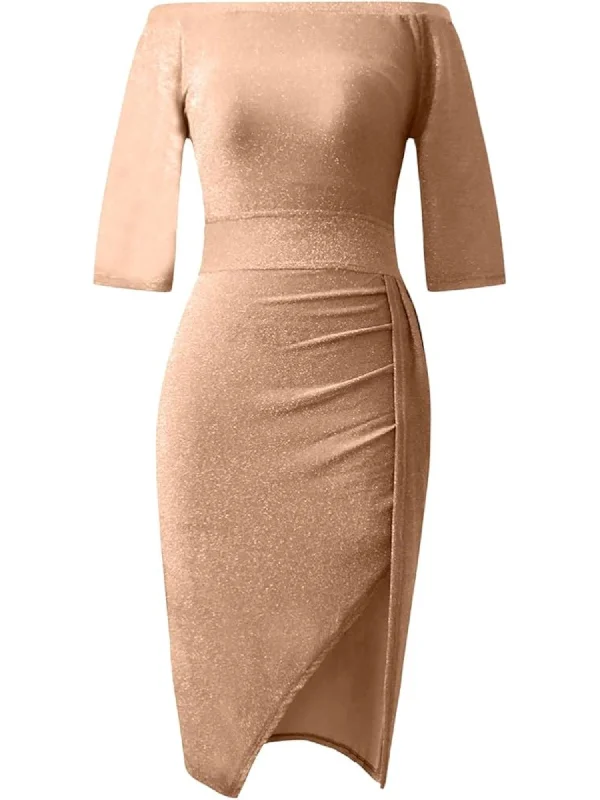 Final Sale BT BTFBM Womens Gold Stretch Metallic Lined Slitted Ruched 3/4 Sleeve Off Shoulder Below The Knee Cocktail Body Con Dress Final Sale BT BTFBM Womens Gold Stretch Metallic Lined Slitted Ruched 3/4 Sleeve Off Shoulder Below The Knee Cocktail Body Con Dress