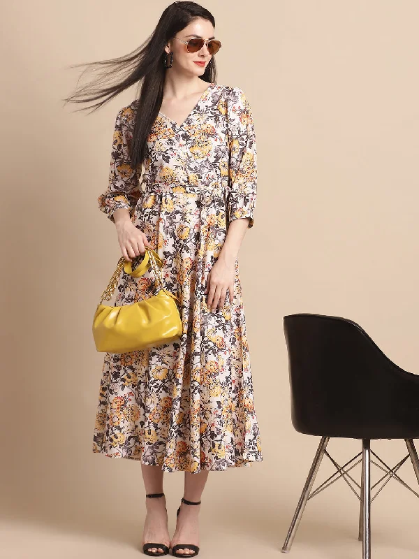 Low Prices Women's Off-White Floral Printed A-line Dress With Belt
