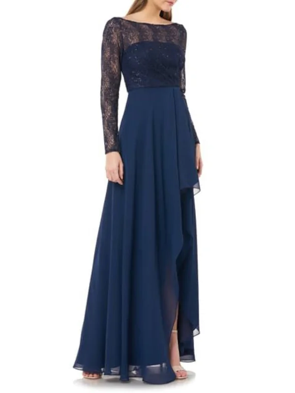 Deep Discounts CARMEN MARC VALVO Womens Lace Long Sleeve Boat Neck Maxi Formal Dress