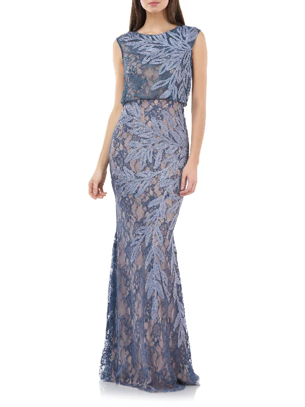 Deal Alert JS COLLECTIONS Womens Blue Zippered Lined Extended Shoulder Lace Sleeveless Jewel Neck Full-Length Evening Blouson Dress