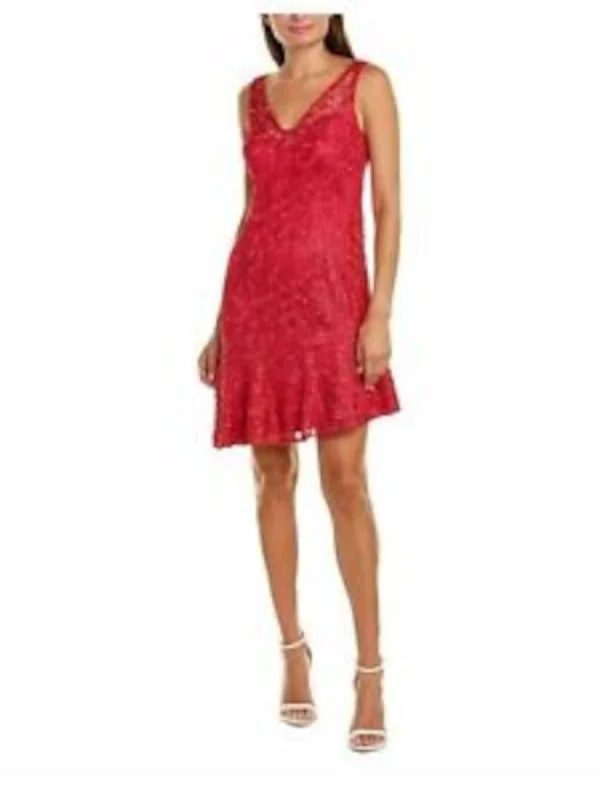 Exclusive Online Offer ADRIANNA PAPELL Womens Pink Lace Zippered Lined Asymmetrical Hem Sleeveless V Neck Short Party Fit + Flare Dress