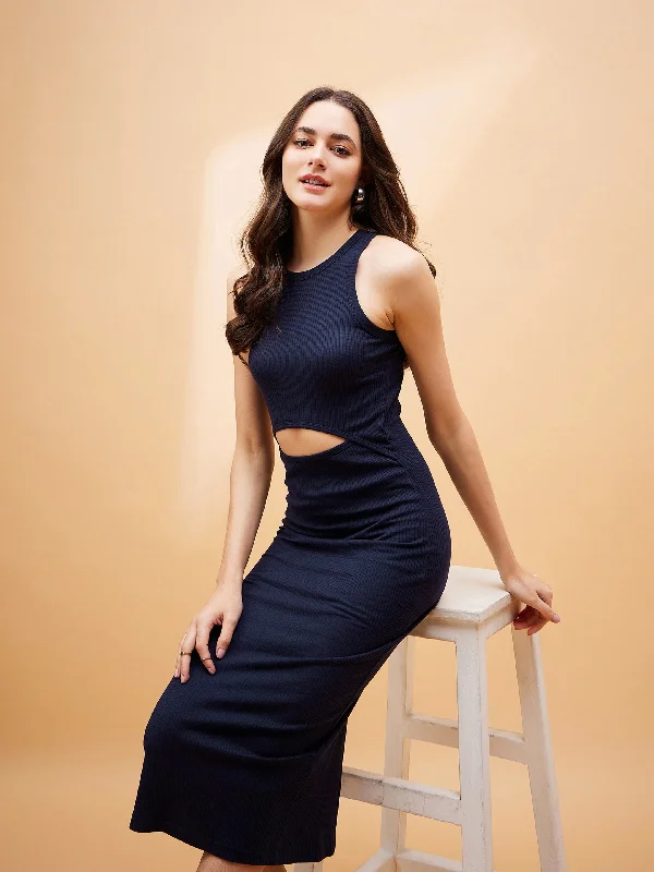 Final Clearance Women Navy Blue Front Cut Out Rib Midi Dress