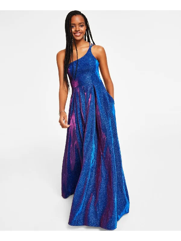 New Deals B DARLIN Womens Blue Pleated Zippered Open Strappy Back Lined Spaghetti Strap Asymmetrical Neckline Full-Length Formal Gown Dress