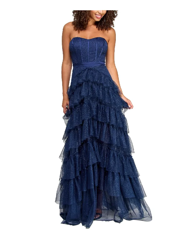 Discount Mania PEAR CULTURE Womens Navy Zippered Ruffled Boning Padded Cups Lined Sleeveless Sweetheart Neckline Full-Length Prom Ruffled Dress
