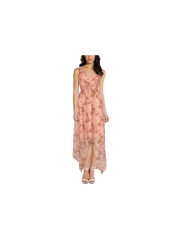 The Best Prices ADRIANNA PAPELL Womens Pink Zippered Tie High To Low Hem Floral Sleeveless V Neck Maxi Party Empire Waist Dress