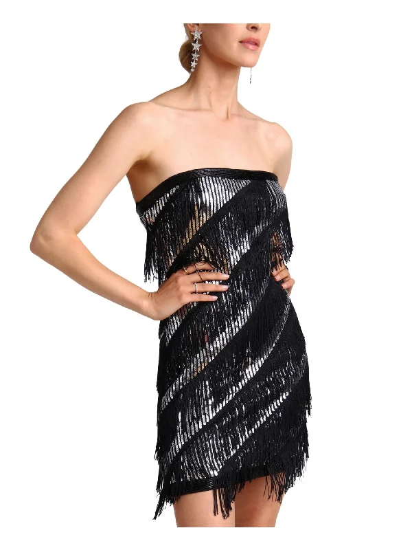 Clearance Sale AVEC LES FILLES Womens Black Fringed Zippered Removable Straps Vented Hems Sleeveless Strapless Mini Party Body Con Dress