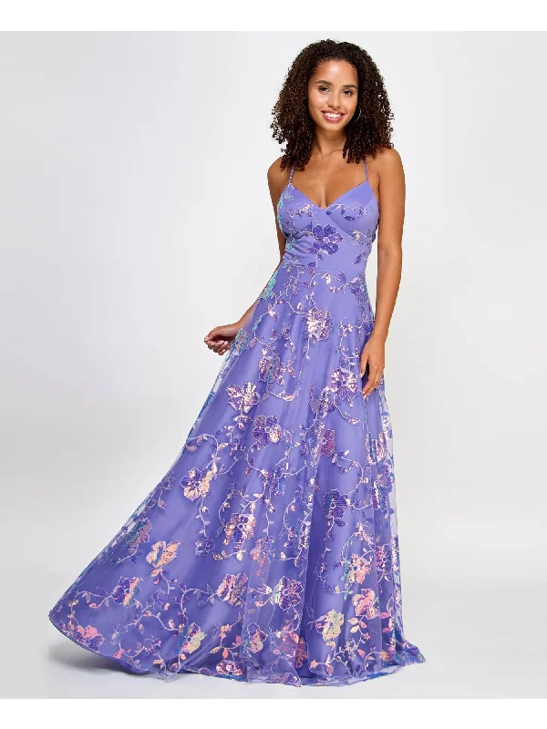 Price Reduction SAY YES TO THE PROM Womens Purple Sequined Zippered Lace Up Back Mesh Overlay Lined Spaghetti Strap V Neck Full-Length Formal Fit + Flare Dress